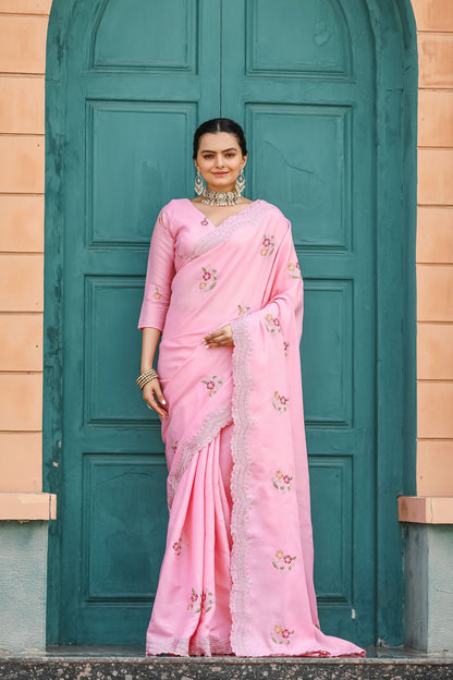 Baby Pink Floral Embroidered Tussar Cotton Saree