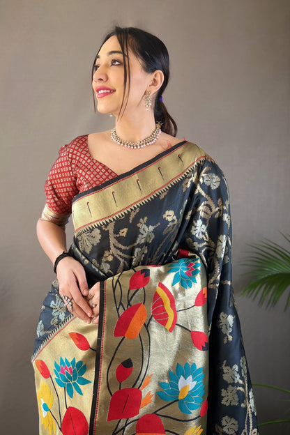 Black Soft Paithani Silk Saree with Traditional Patterns