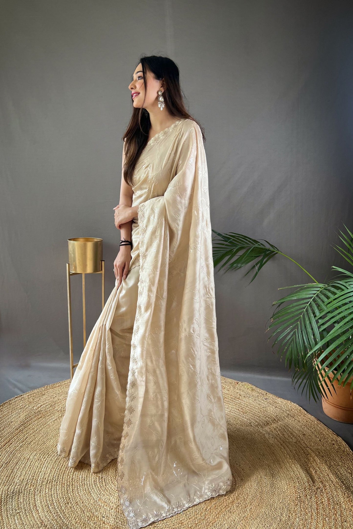 Chickoo Sequins Work Silk Saree with Embroidered Border