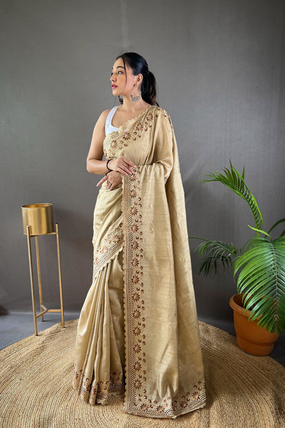 Cream Matka Soft Silk Saree with Floral Cutwork Border