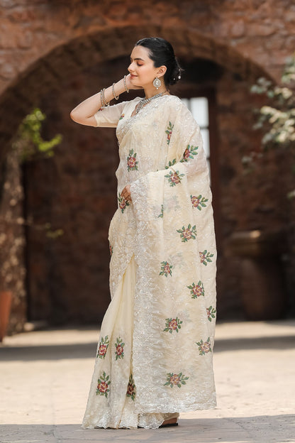 Ivory Chiffon Saree with Cross-Stitch Embroidery