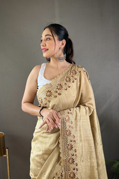 Cream Matka Soft Silk Saree with Floral Cutwork Border
