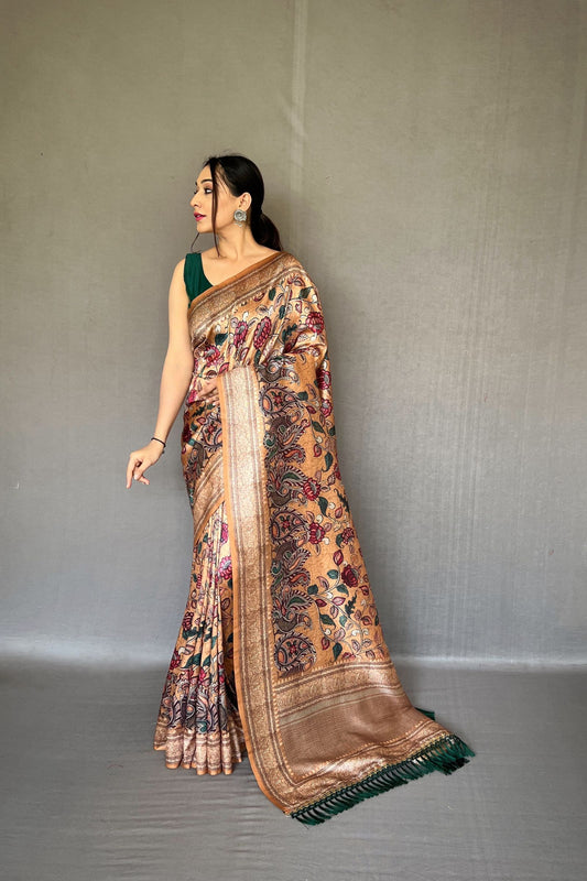 Cream Soft Silk Saree with Kalamkari Fusion Print