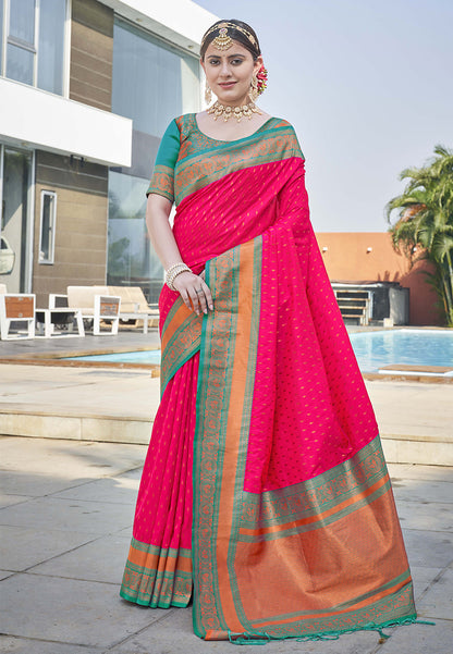 Hot Pink Contrast 1000 Butti Zari Woven Paithani Silk Saree