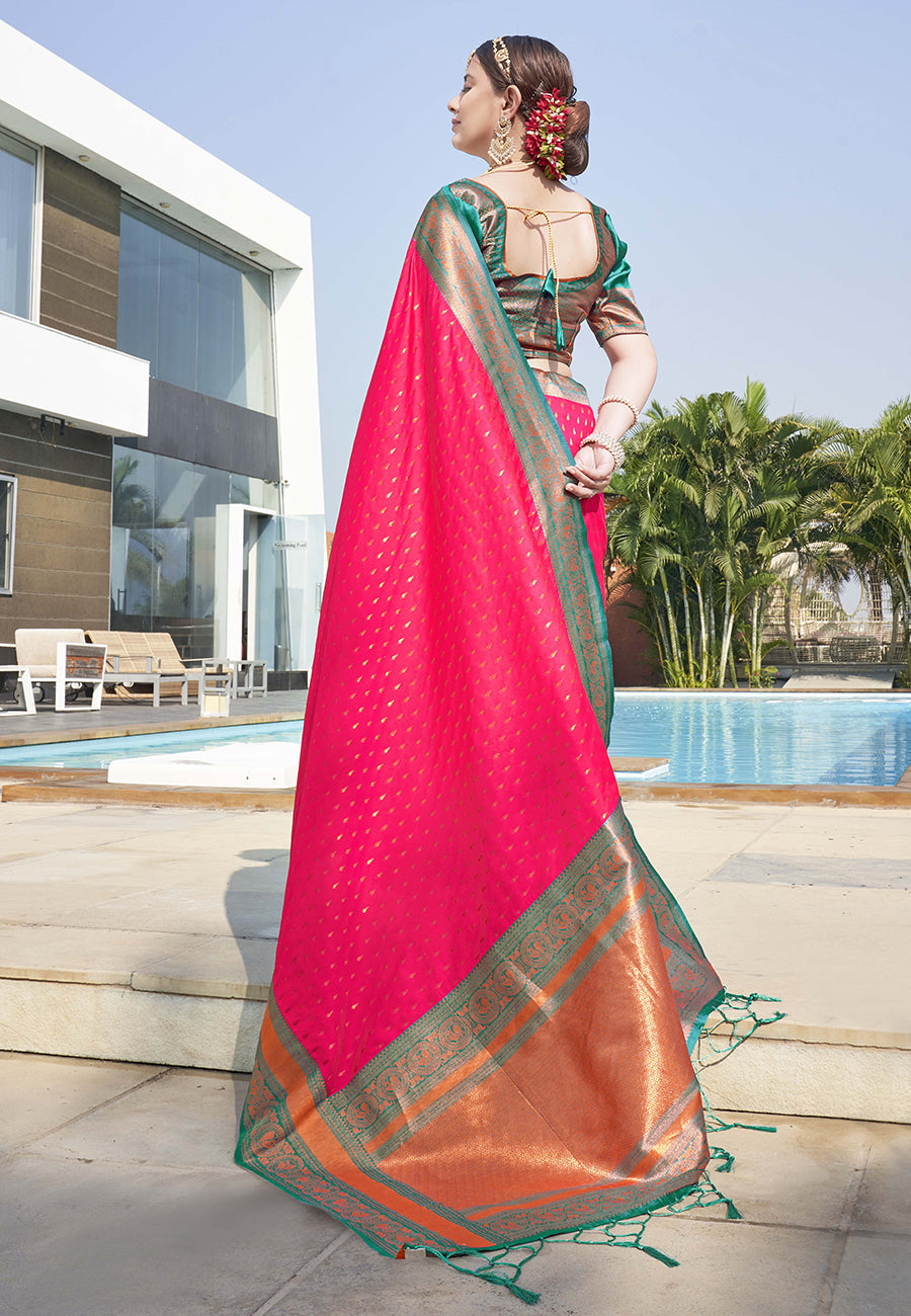 Hot Pink Contrast 1000 Butti Zari Woven Paithani Silk Saree