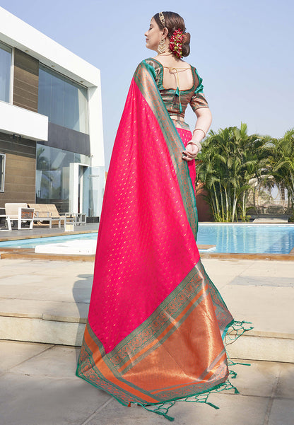 Hot Pink Contrast 1000 Butti Zari Woven Paithani Silk Saree