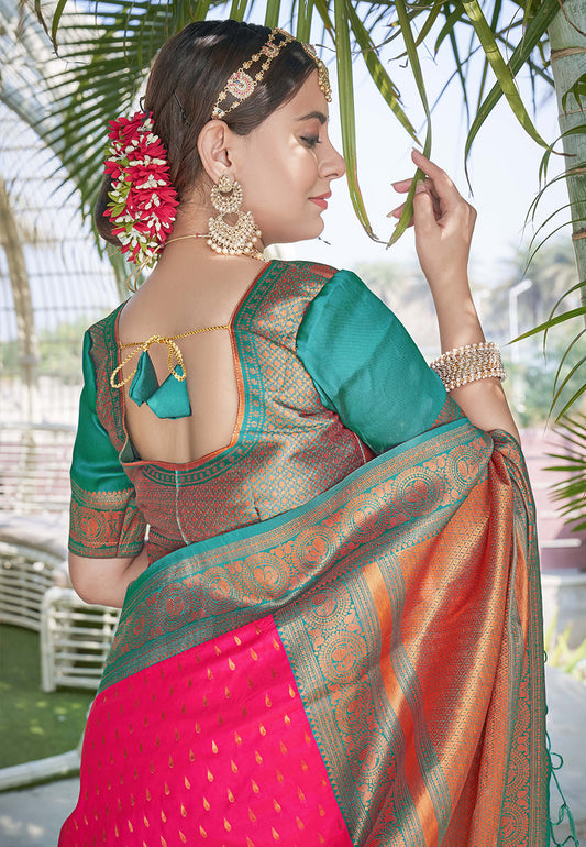 Hot Pink Contrast 1000 Butti Zari Woven Paithani Silk Saree