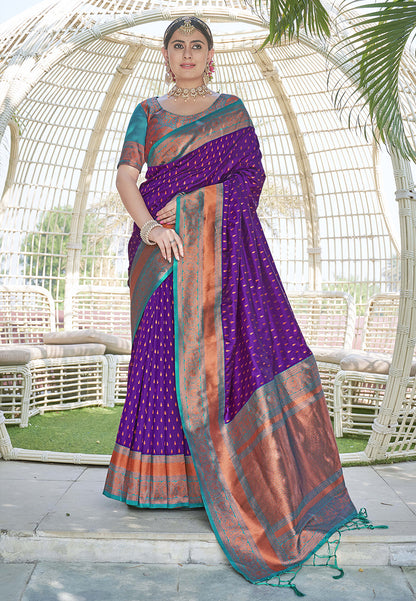 Warm Purple Contrast 1000 Butti Zari Woven Paithani Silk Saree