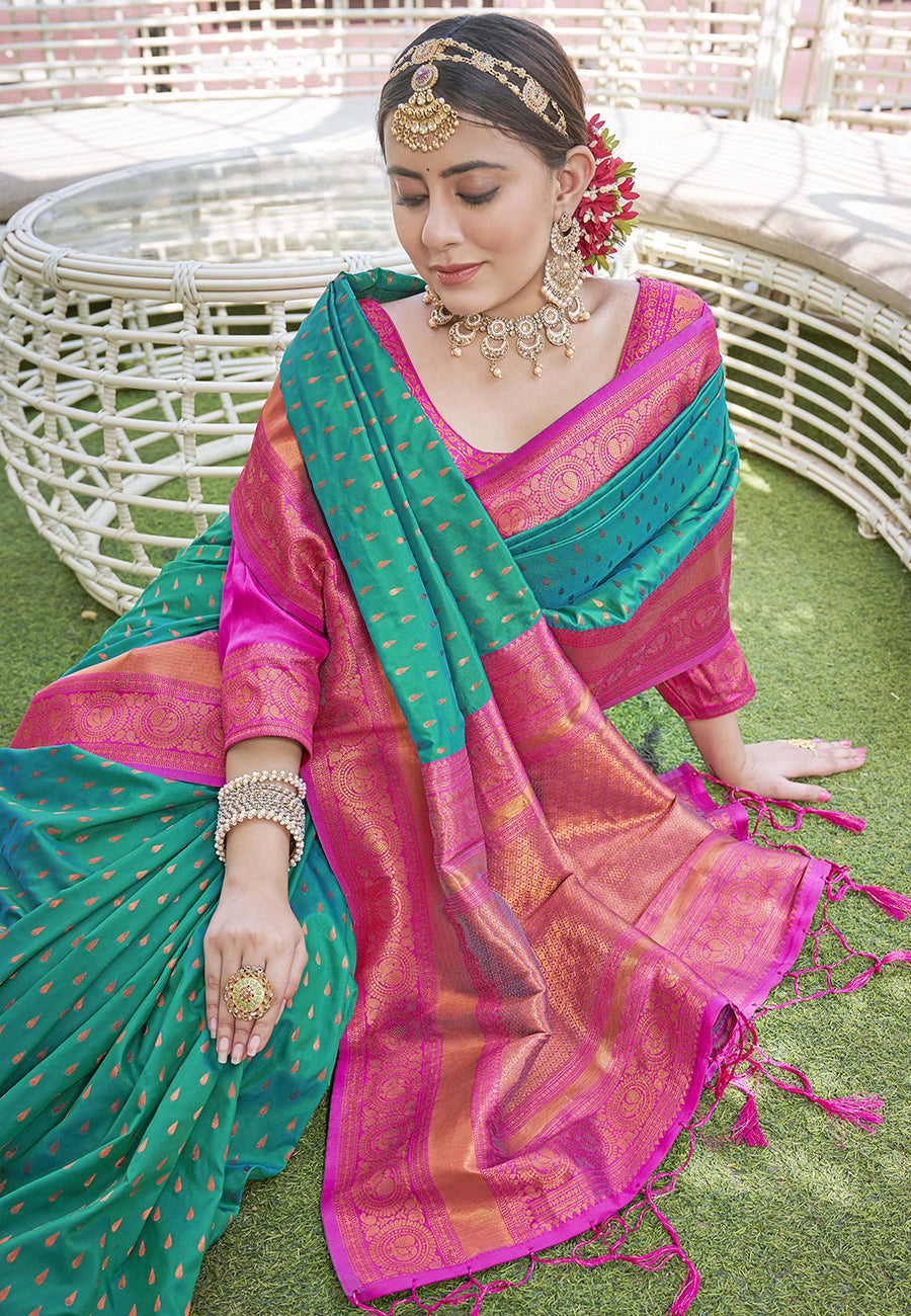 Green Contrast 1000 Butti Zari Woven Paithani Silk Saree