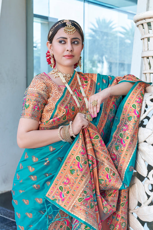 Teal Blue Original Maharashtrian Meenakari Paithani Silk Zari Woven Saree