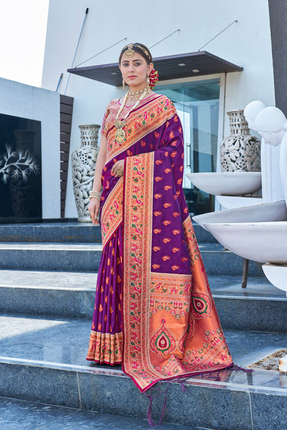Royal Purple Original Maharashtrian Meenakari Paithani Silk Zari Woven Saree