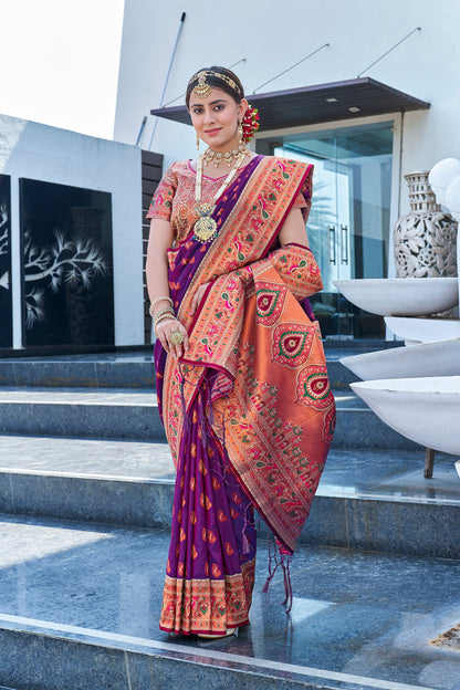 Royal Purple Original Maharashtrian Meenakari Paithani Silk Zari Woven Saree