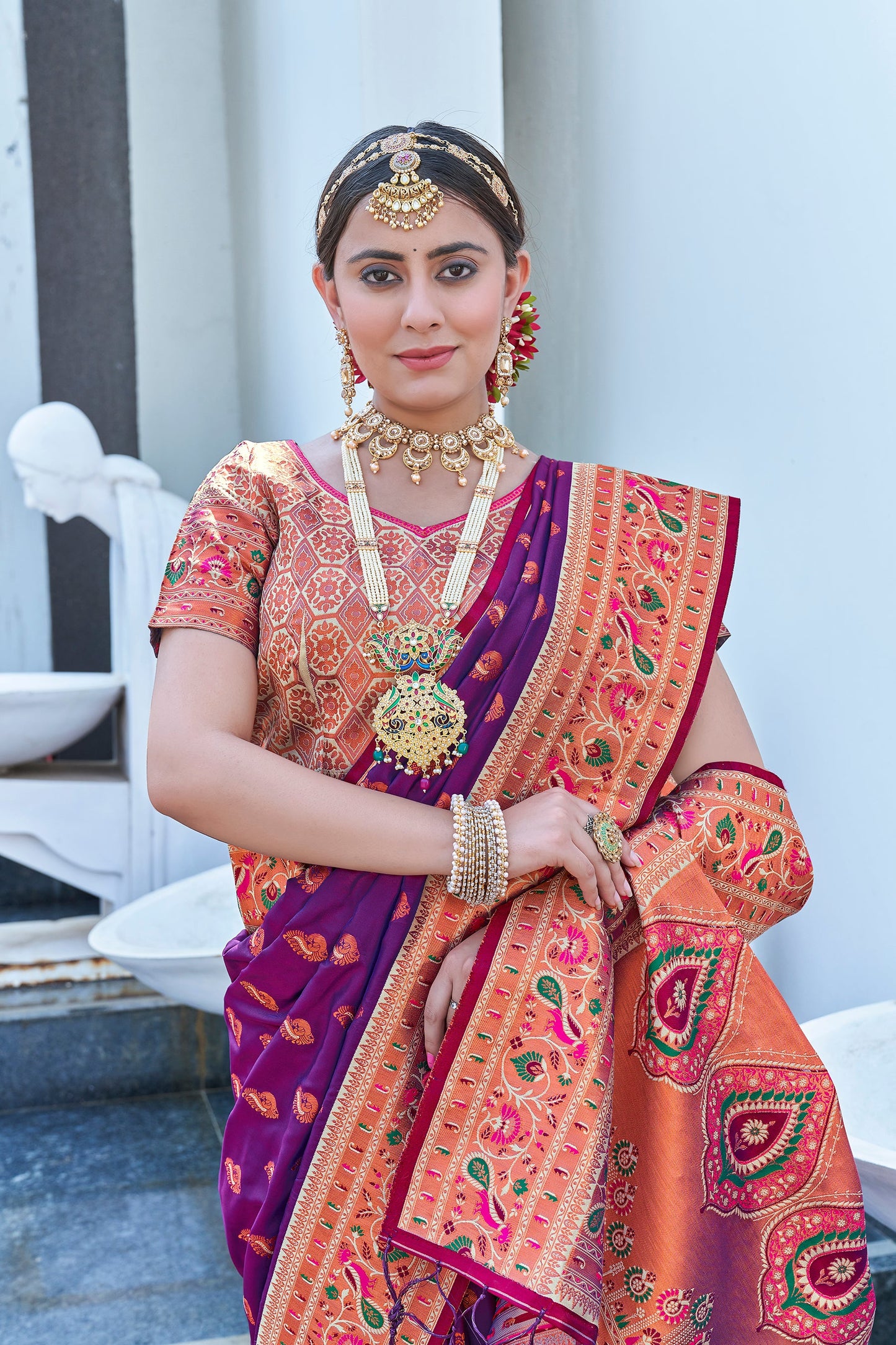 Royal Purple Original Maharashtrian Meenakari Paithani Silk Zari Woven Saree