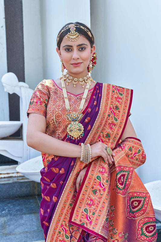 Royal Purple Original Maharashtrian Meenakari Paithani Silk Zari Woven Saree