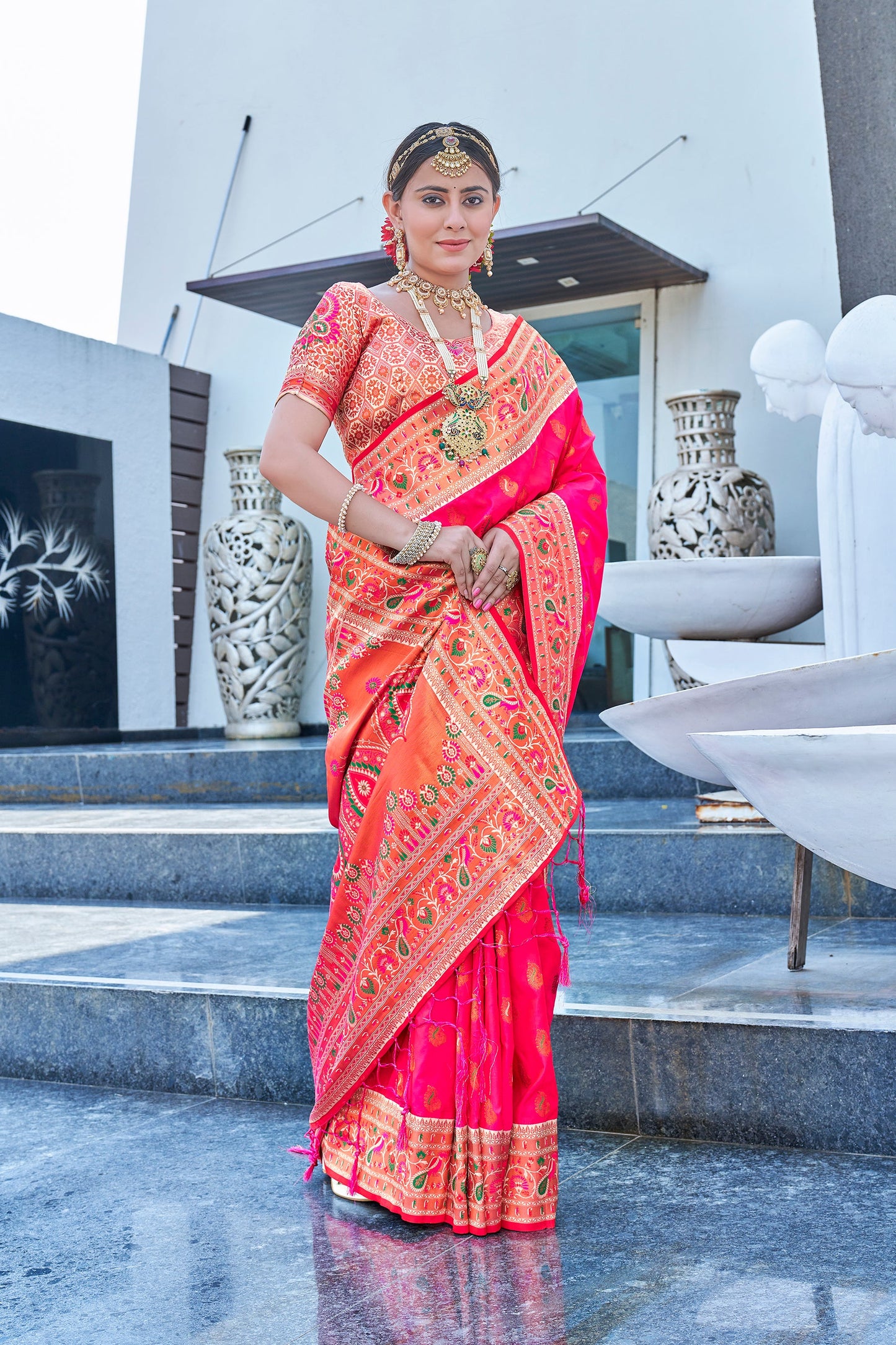 Deep Pink Original Maharashtrian Meenakari Paithani Silk Zari Woven Saree