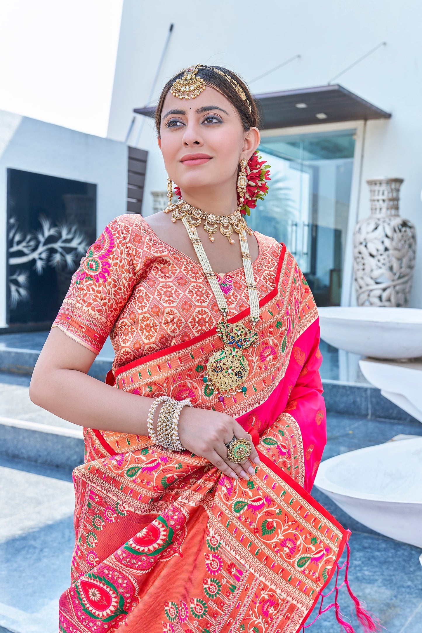 Deep Pink Original Maharashtrian Meenakari Paithani Silk Zari Woven Saree