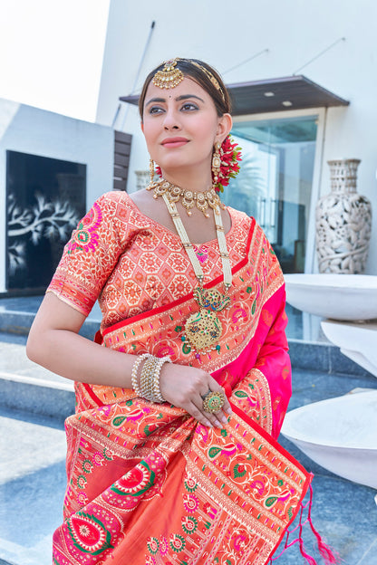 Deep Pink Original Maharashtrian Meenakari Paithani Silk Zari Woven Saree