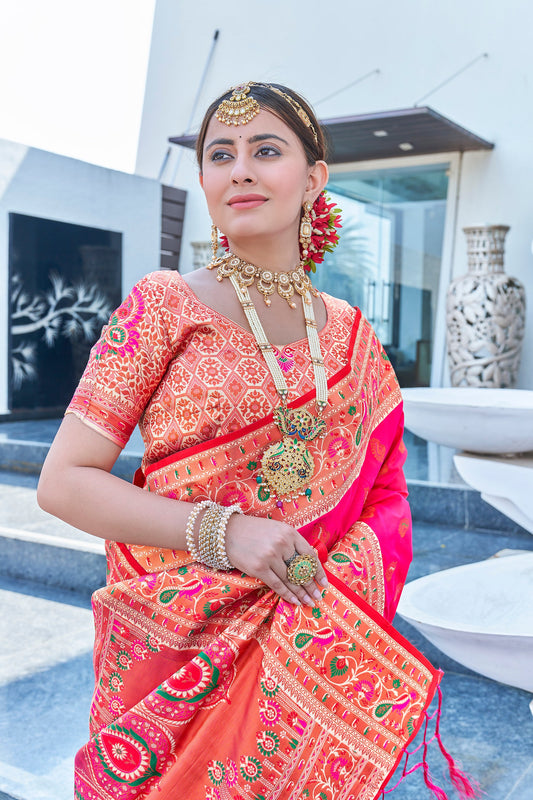 Deep Pink Original Maharashtrian Meenakari Paithani Silk Zari Woven Saree