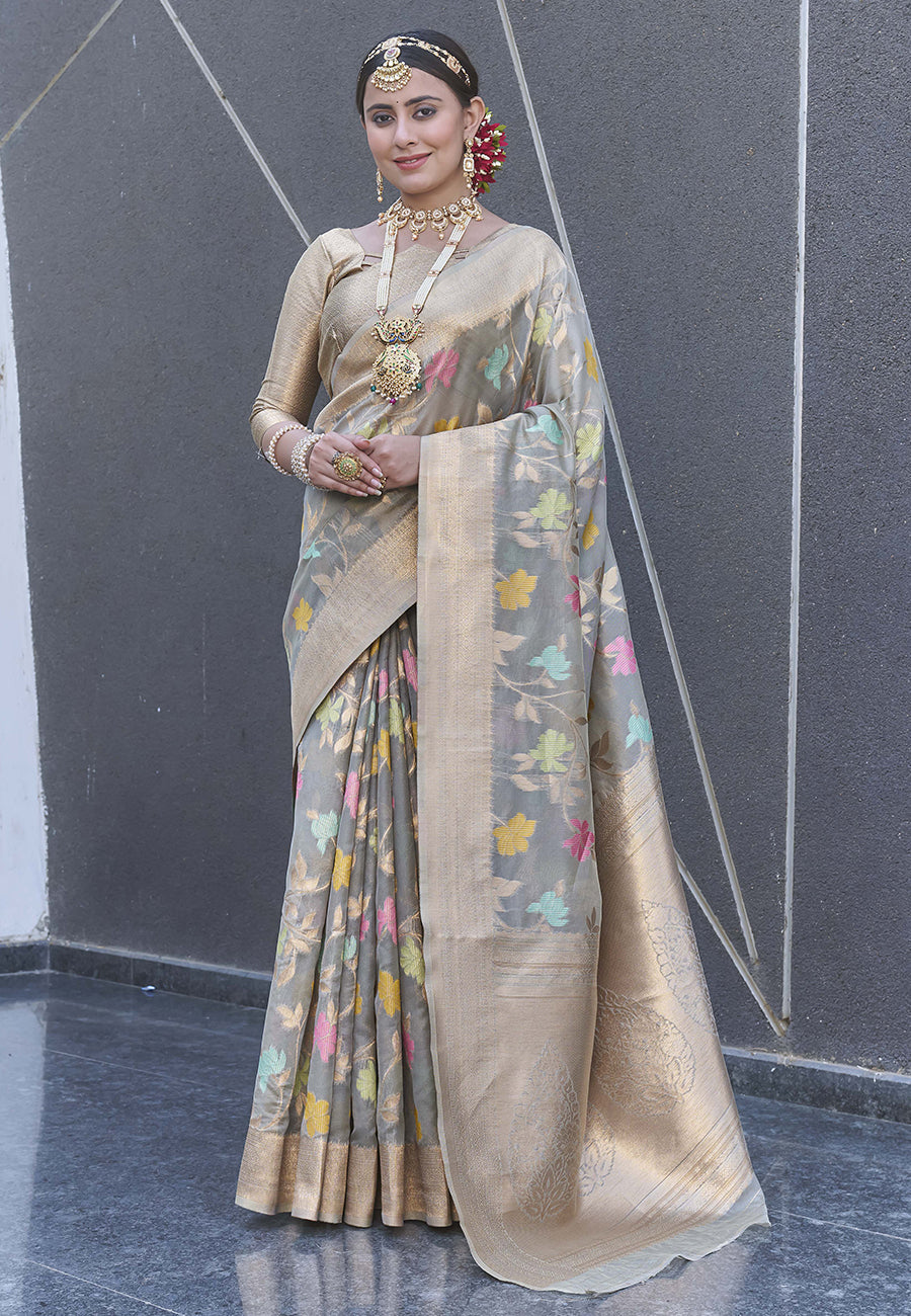 Grey Organza Jaal Zari Woven Saree