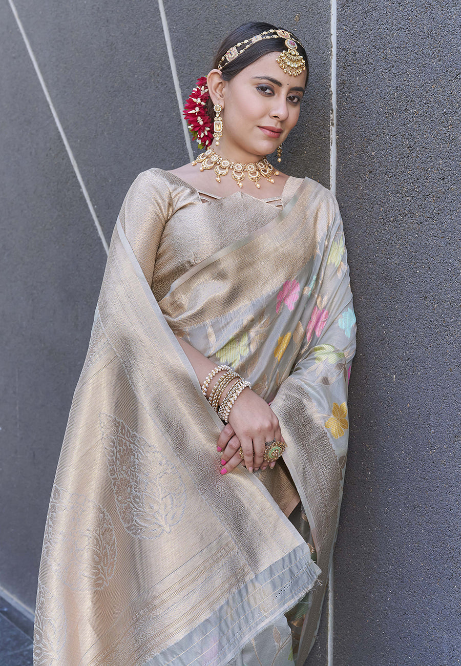 Grey Organza Jaal Zari Woven Saree
