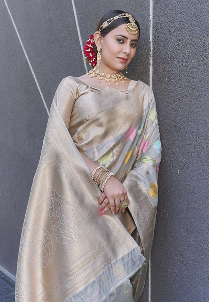 Grey Organza Jaal Zari Woven Saree