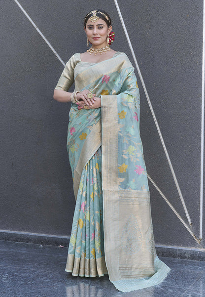 Sky Blue Organza Jaal Zari Woven Saree
