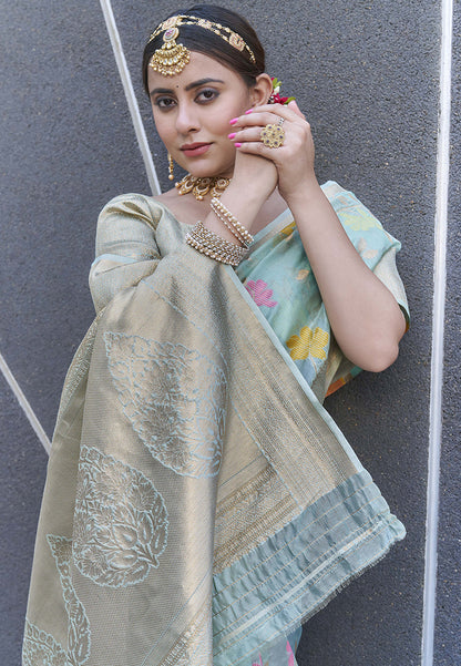 Sky Blue Organza Jaal Zari Woven Saree