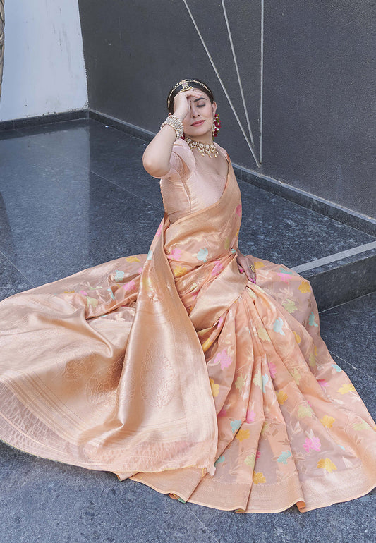 Peach Organza Jaal Zari Woven Saree