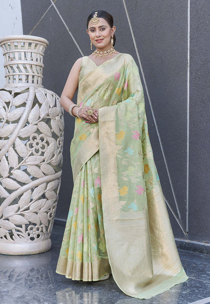 Pastel Green Organza Jaal Zari Woven Saree