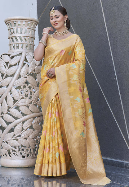 Yellow Organza Jaal Zari Woven Saree