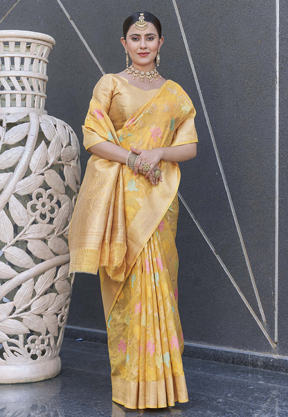 Yellow Organza Jaal Zari Woven Saree
