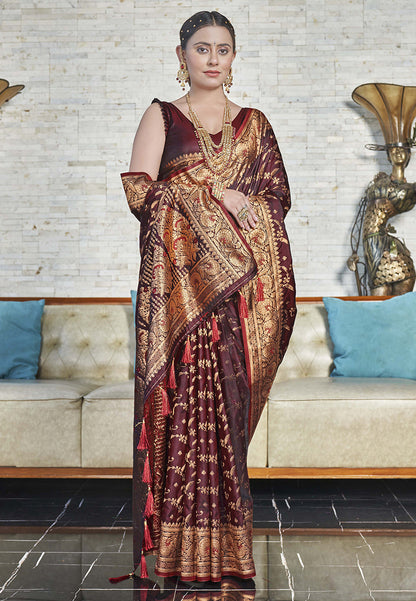 Dark Maroon Banarasi Jaal Katan Silk Zari Woven Saree