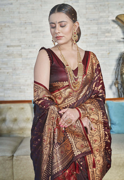Dark Maroon Banarasi Jaal Katan Silk Zari Woven Saree