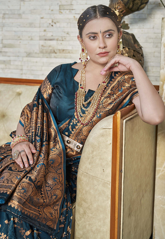 Deep Blue Banarasi Jaal Katan Silk Zari Woven Saree