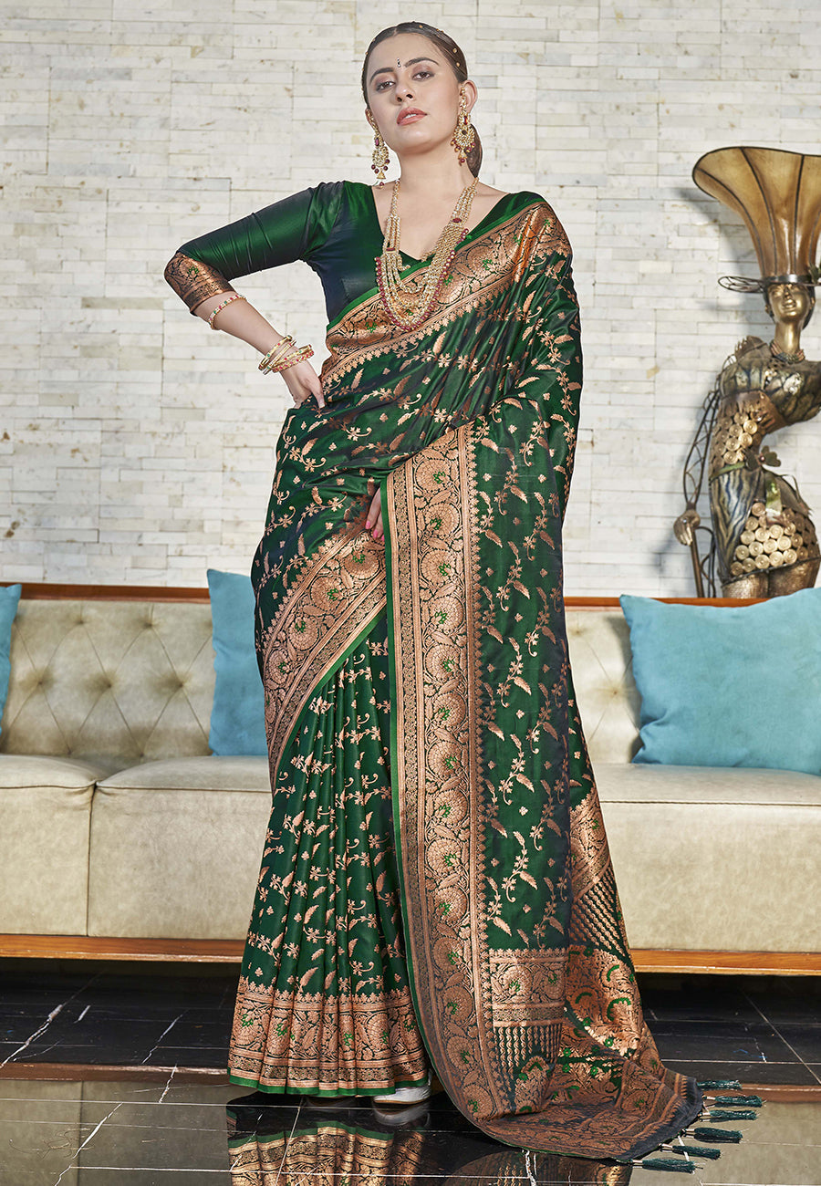 Dark Green Banarasi Jaal Katan Silk Zari Woven Saree