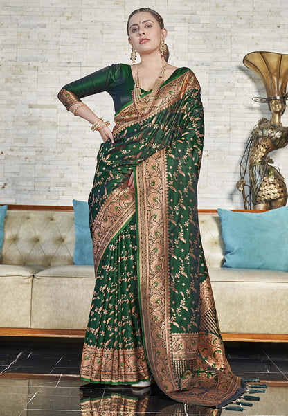 Dark Green Banarasi Jaal Katan Silk Zari Woven Saree
