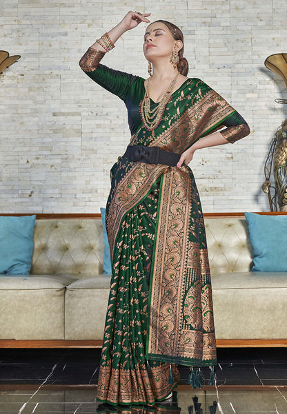 Dark Green Banarasi Jaal Katan Silk Zari Woven Saree