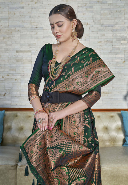 Dark Green Banarasi Jaal Katan Silk Zari Woven Saree