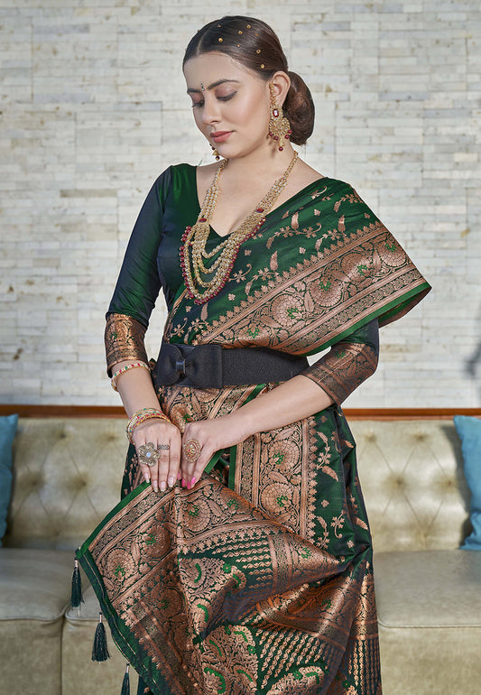 Dark Green Banarasi Jaal Katan Silk Zari Woven Saree
