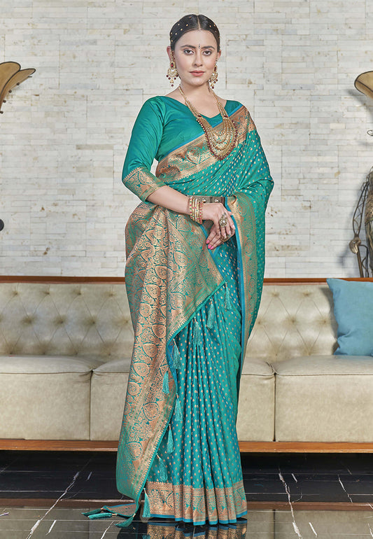 Pacific Blue Banarasi Katan Silk Zari Woven Saree