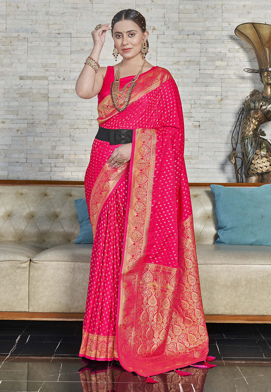 Hot Pink Banarasi Katan Silk Zari Woven Saree