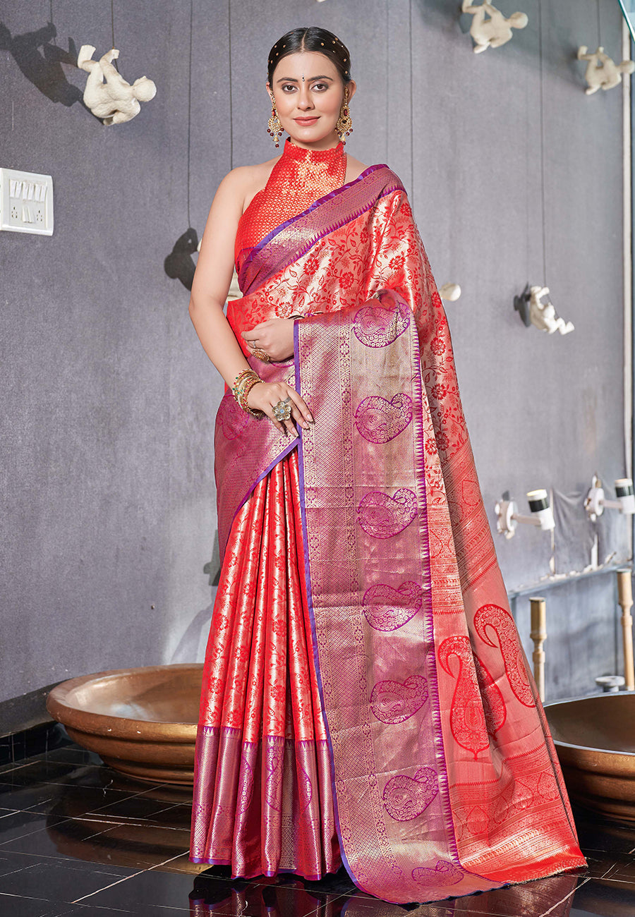 Persian Red Kanchipuram Silk Jaal Traditional Rich Zari Woven Saree