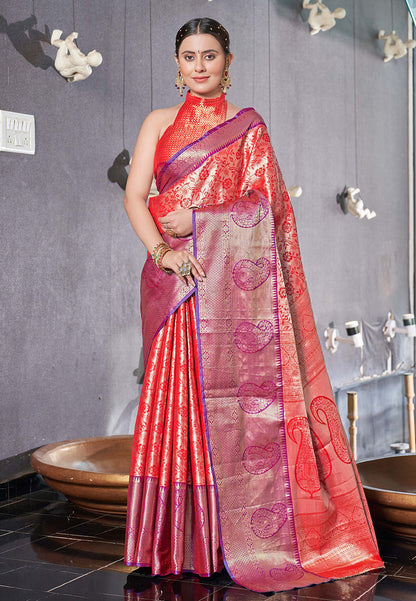 Persian Red Kanchipuram Silk Jaal Traditional Rich Zari Woven Saree