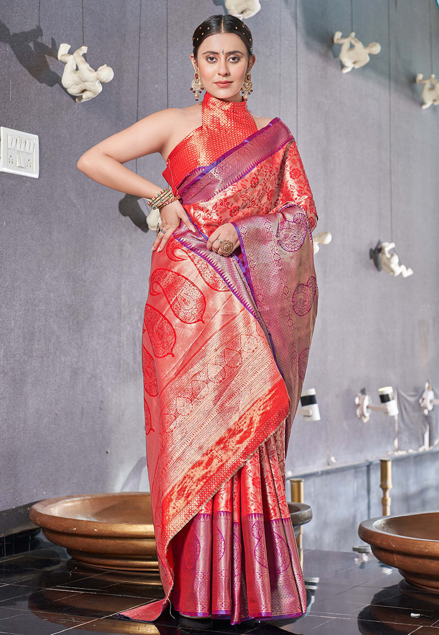 Persian Red Kanchipuram Silk Jaal Traditional Rich Zari Woven Saree