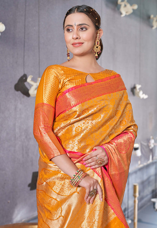Deep Saffron Kanchipuram Silk Jaal Traditional Rich Zari Woven Saree