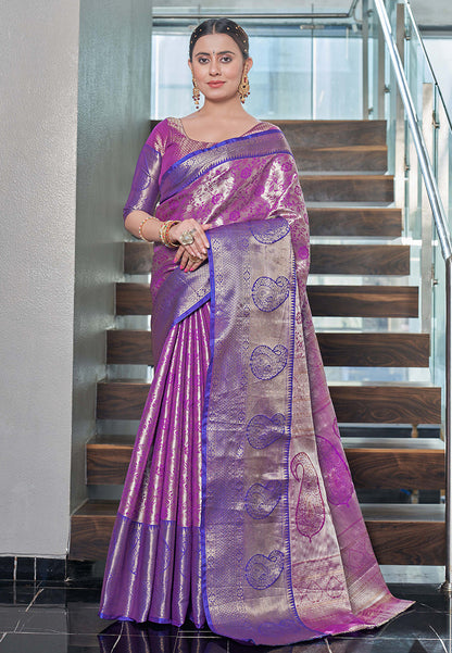 Warm Purple Kanchipuram Silk Jaal Traditional Rich Zari Woven Saree