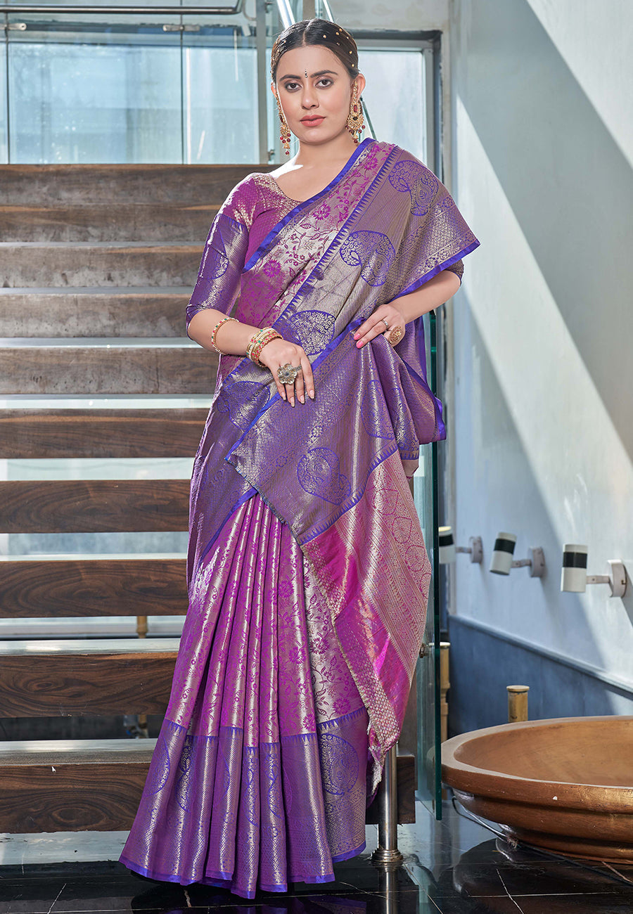 Warm Purple Kanchipuram Silk Jaal Traditional Rich Zari Woven Saree
