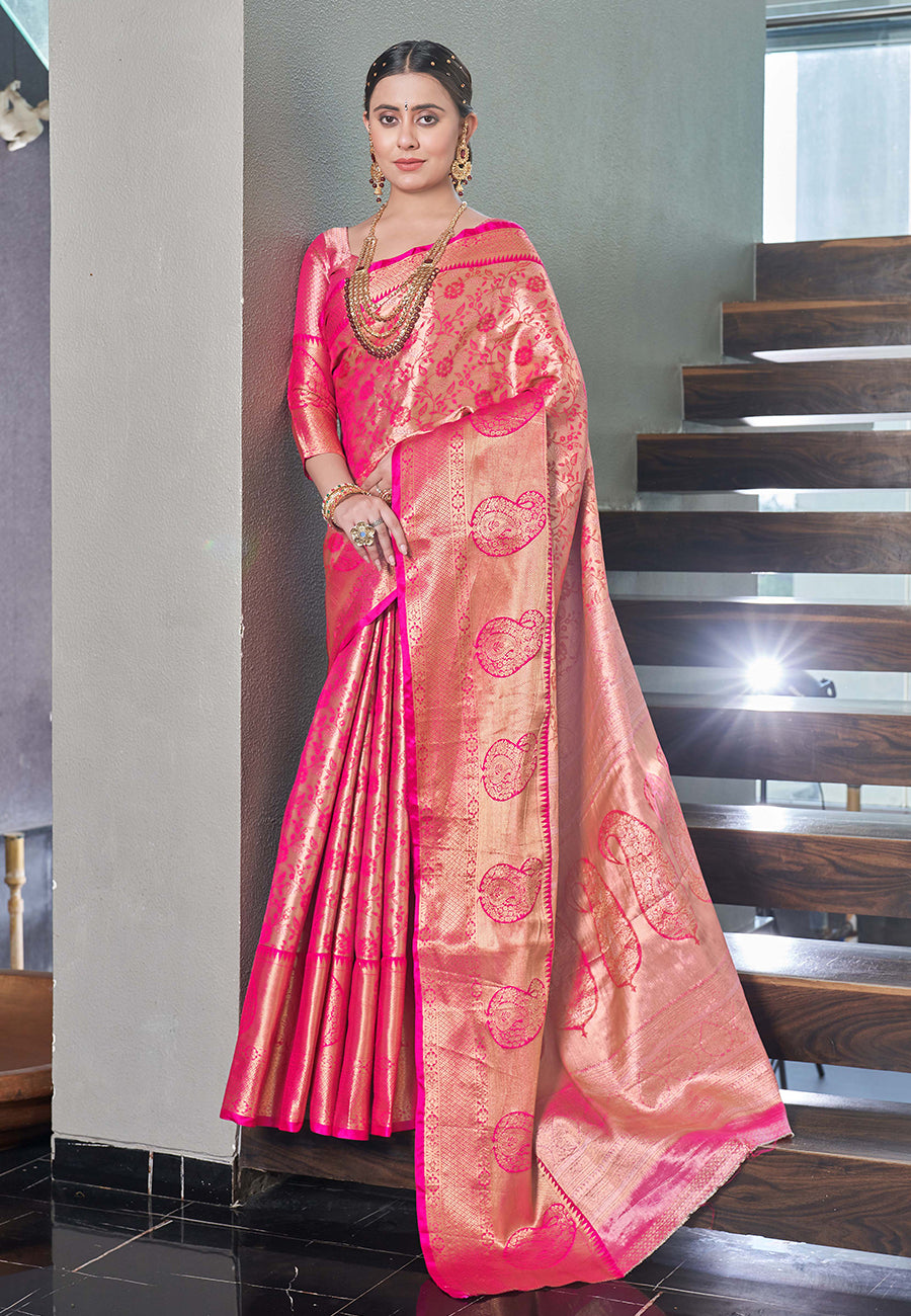 Pink Kanchipuram Silk Jaal Traditional Rich Zari Woven Saree