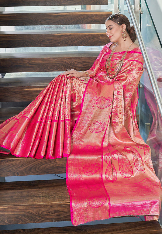 Pink Kanchipuram Silk Jaal Traditional Rich Zari Woven Saree