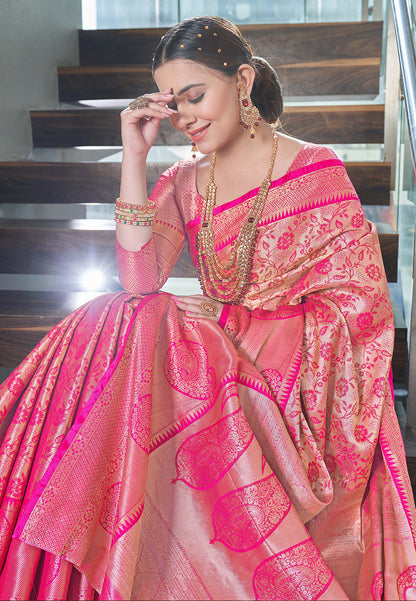Pink Kanchipuram Silk Jaal Traditional Rich Zari Woven Saree